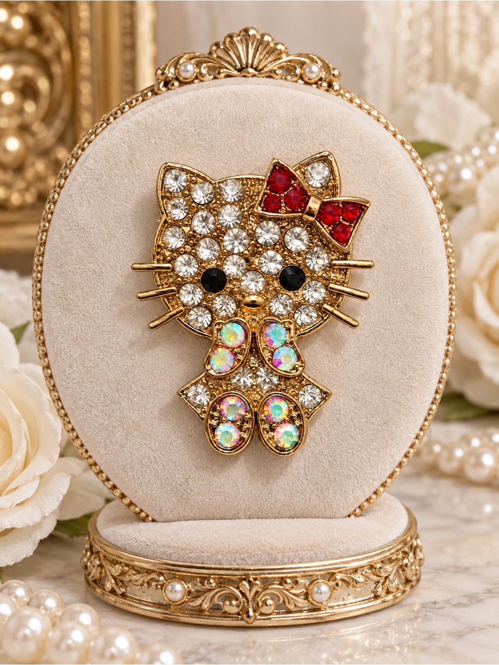 Hello Kitty Vintage Style Rhinestone Brooch Gold Tone Red Bow